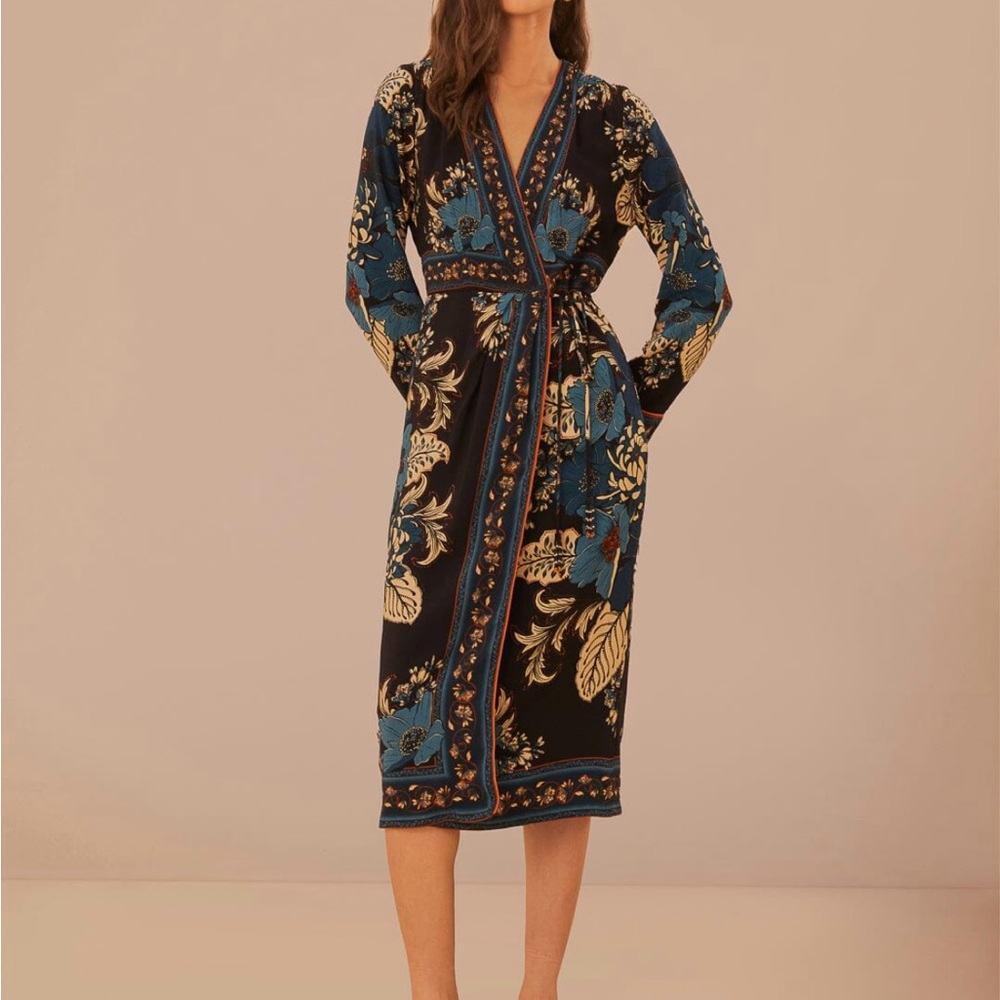 FARM Rio Black Floral Wrap Midi Dress with Teal and Gold Accents